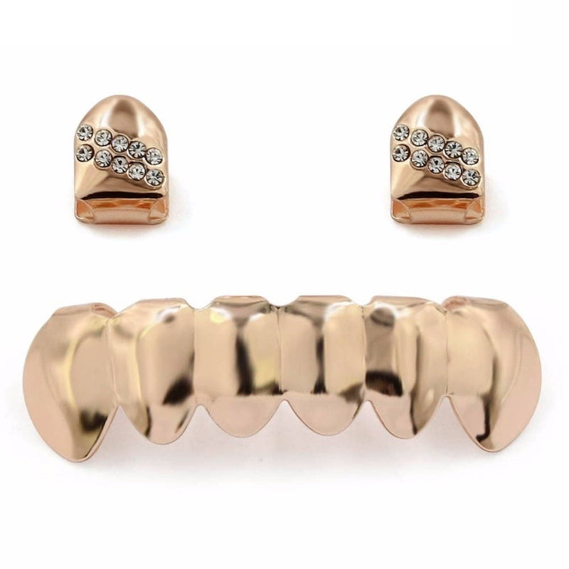 Iced 2 Single Top Tooth Caps + 6 Tooth Bottom Grillz 14K - ICECI