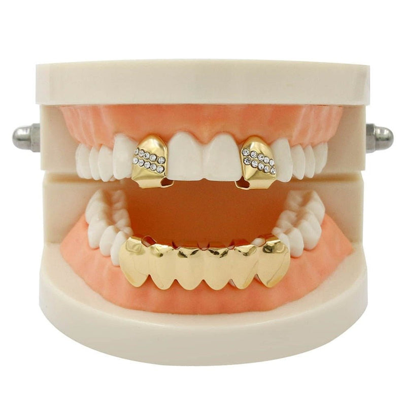 Iced 2 Single Top Tooth Caps + 6 Tooth Bottom Grillz 14K - ICECI