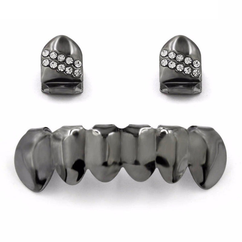 Iced 2 Single Top Tooth Caps + 6 Tooth Bottom Grillz 14K - ICECI