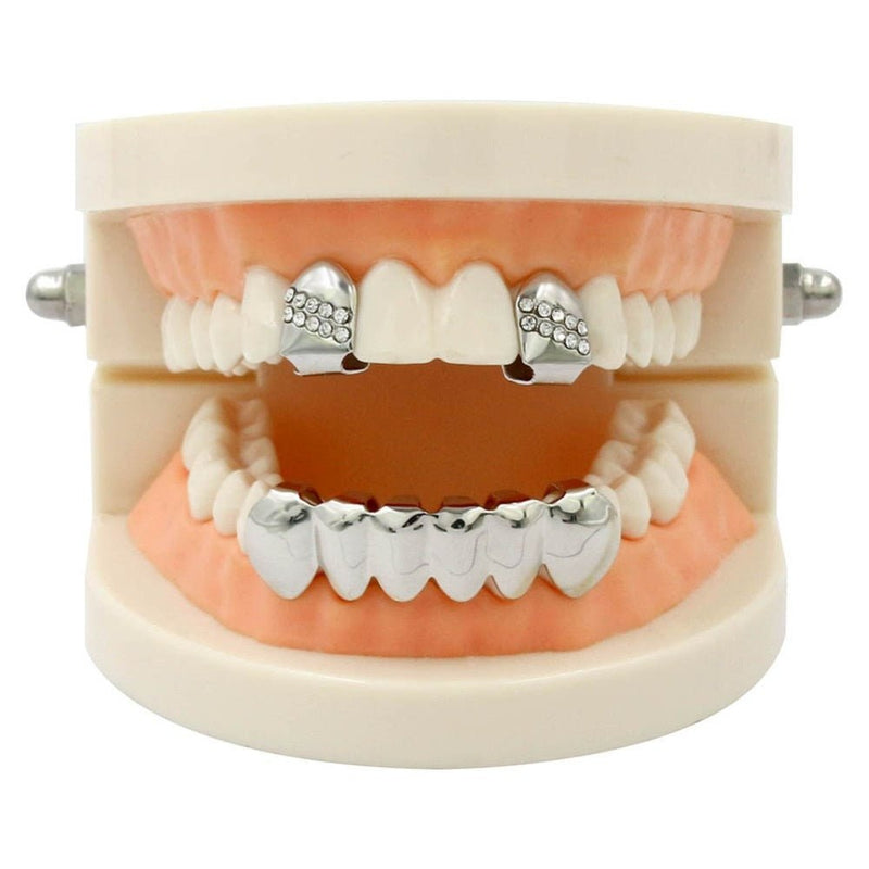 Iced 2 Single Top Tooth Caps + 6 Tooth Bottom Grillz 14K - ICECI