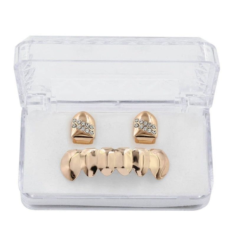 Iced 2 Single Top Tooth Caps + 6 Tooth Bottom Grillz 14K - ICECI