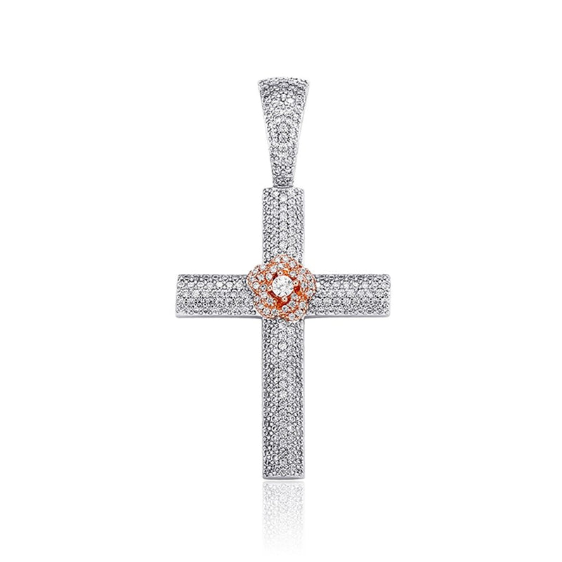 Micro Pave Rose Cross Pendant 14K - ICECI