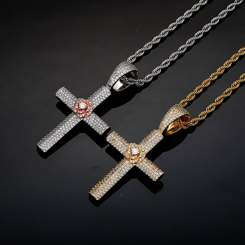 Micro Pave Rose Cross Pendant 14K - ICECI