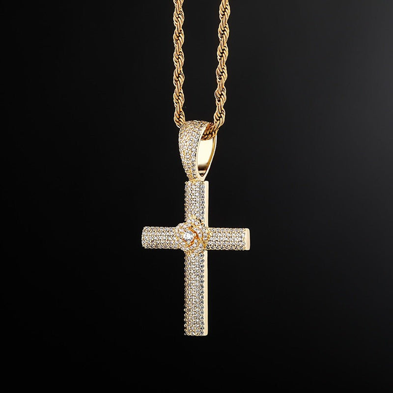 Micro Pave Rose Cross Pendant 14K - ICECI