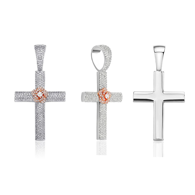 Micro Pave Rose Cross Pendant 14K - ICECI