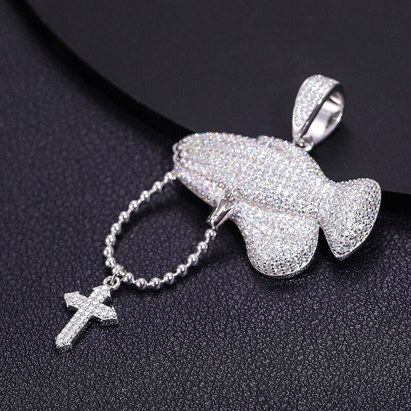 Praying Hands Cross Pendant 18K x Moissanite - ICECI