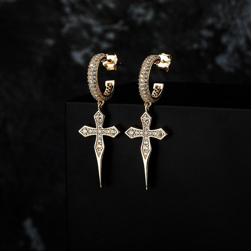 SHARP CROSS DROP EARRINGS 14K - ICECI