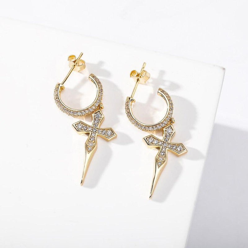 SHARP CROSS DROP EARRINGS 14K - ICECI