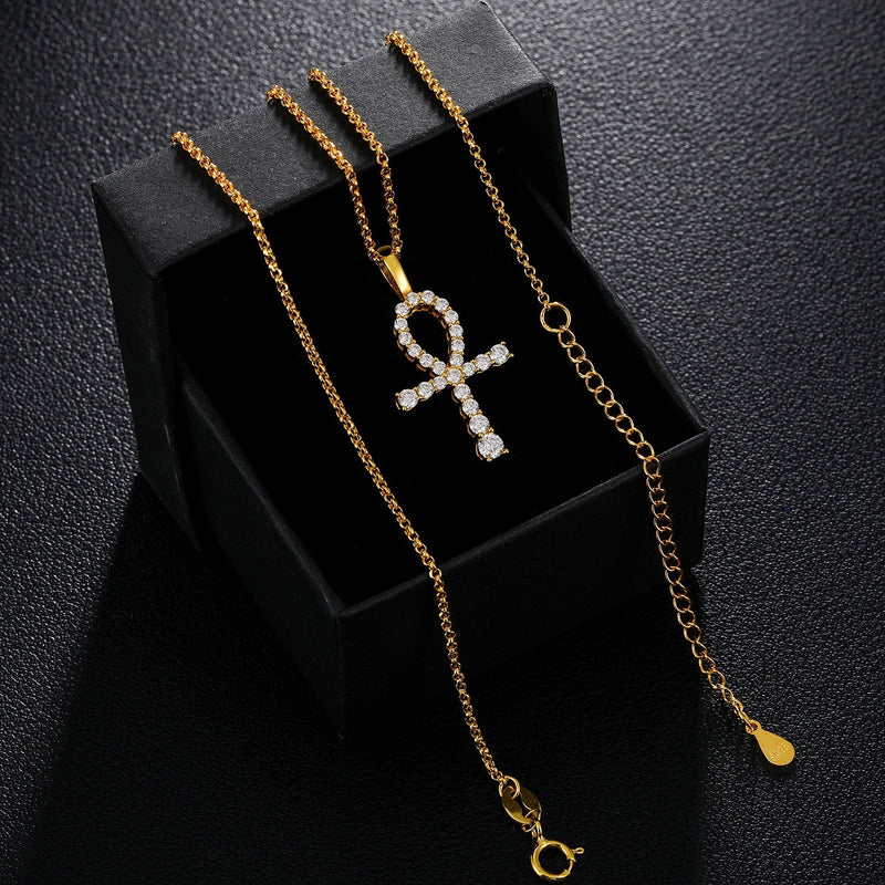 Small Graduated Ankh Cross Pendant 18K x Moissanite - ICECI