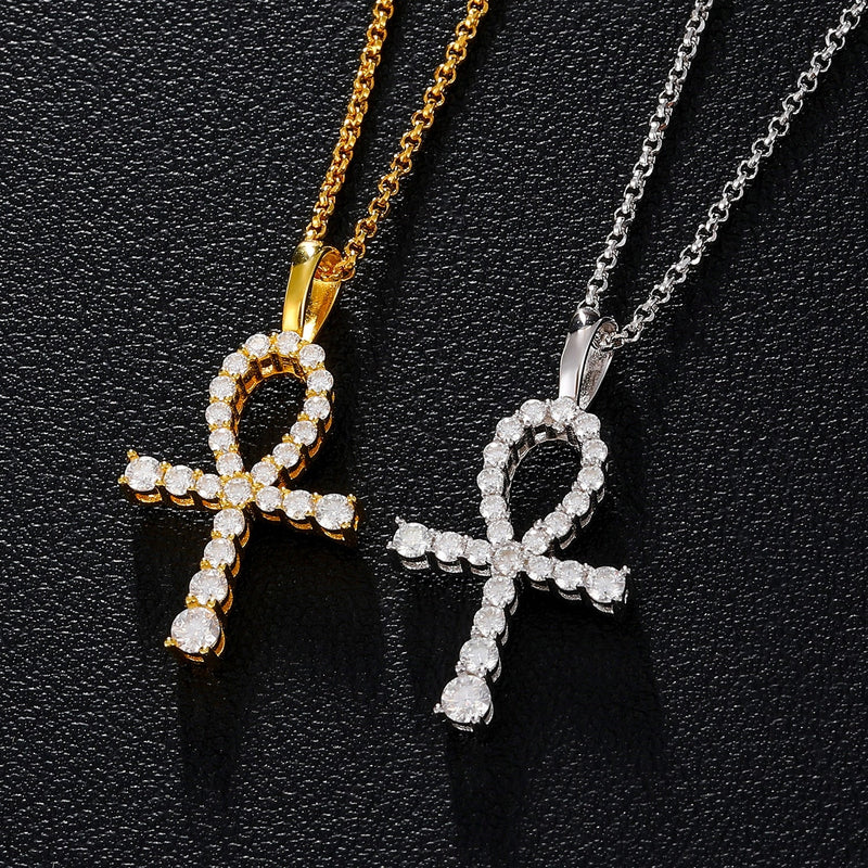 Small Graduated Ankh Cross Pendant 18K x Moissanite - ICECI