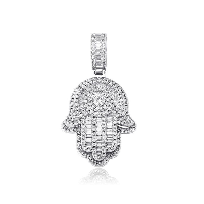 SOLITAIRE BAGUETTE HAMSA PENDANT 14K - ICECI