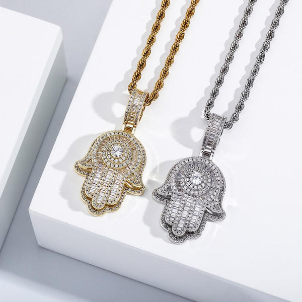 SOLITAIRE BAGUETTE HAMSA PENDANT 14K - ICECI