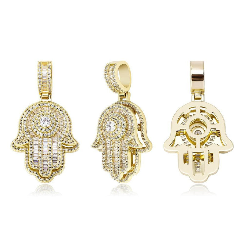 SOLITAIRE BAGUETTE HAMSA PENDANT 14K - ICECI