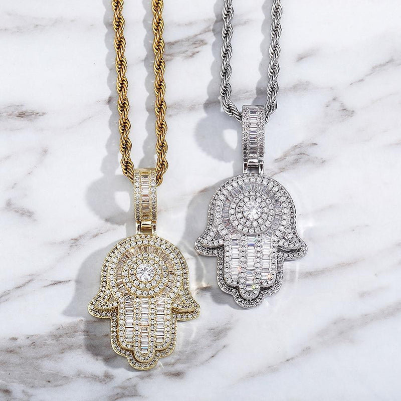 SOLITAIRE BAGUETTE HAMSA PENDANT 14K - ICECI