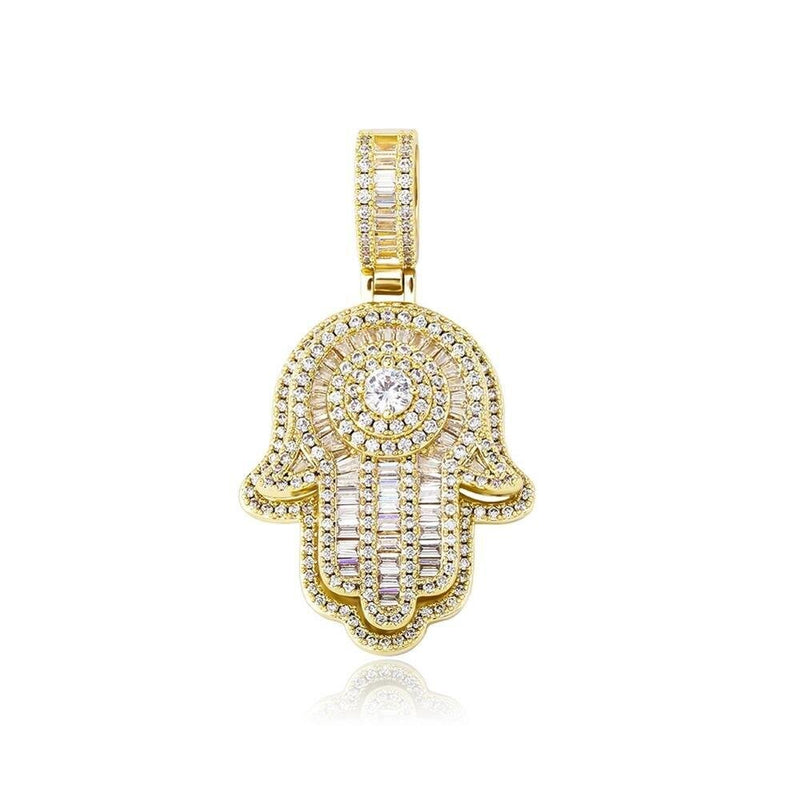 SOLITAIRE BAGUETTE HAMSA PENDANT 14K - ICECI