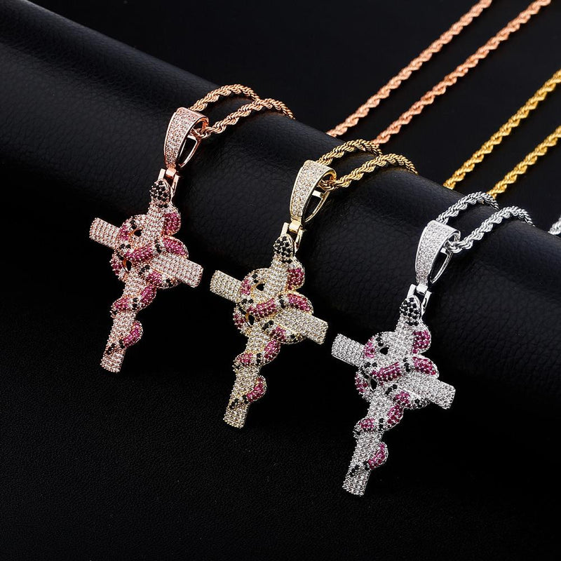 TWISTED CORAL SNAKE CROSS PENDANT 18K - ICECI