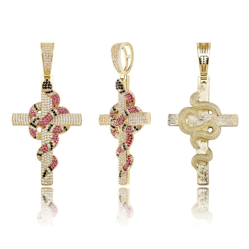 TWISTED CORAL SNAKE CROSS PENDANT 18K - ICECI
