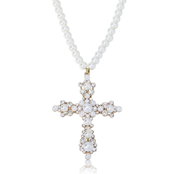 Vintage Pearl Cross Necklace 14K - ICECI