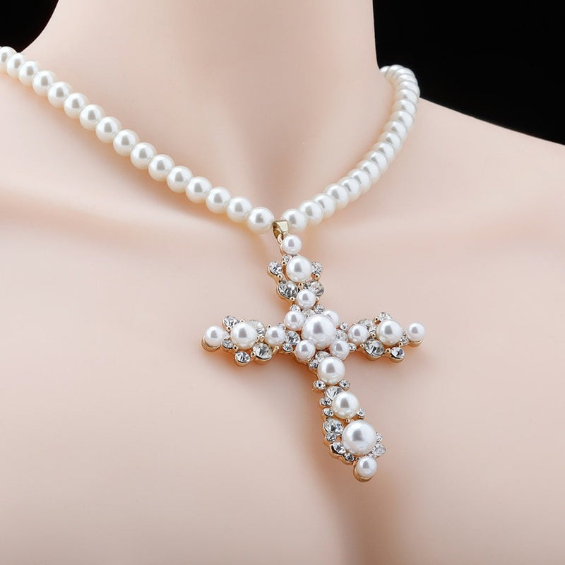 Vintage Pearl Cross Necklace 14K - ICECI