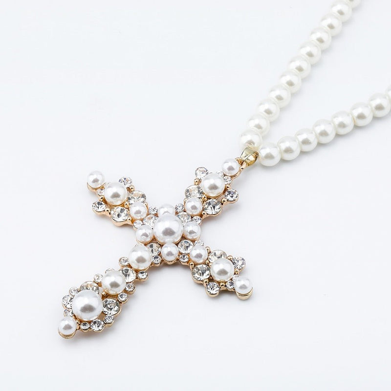 Vintage Pearl Cross Necklace 14K - ICECI