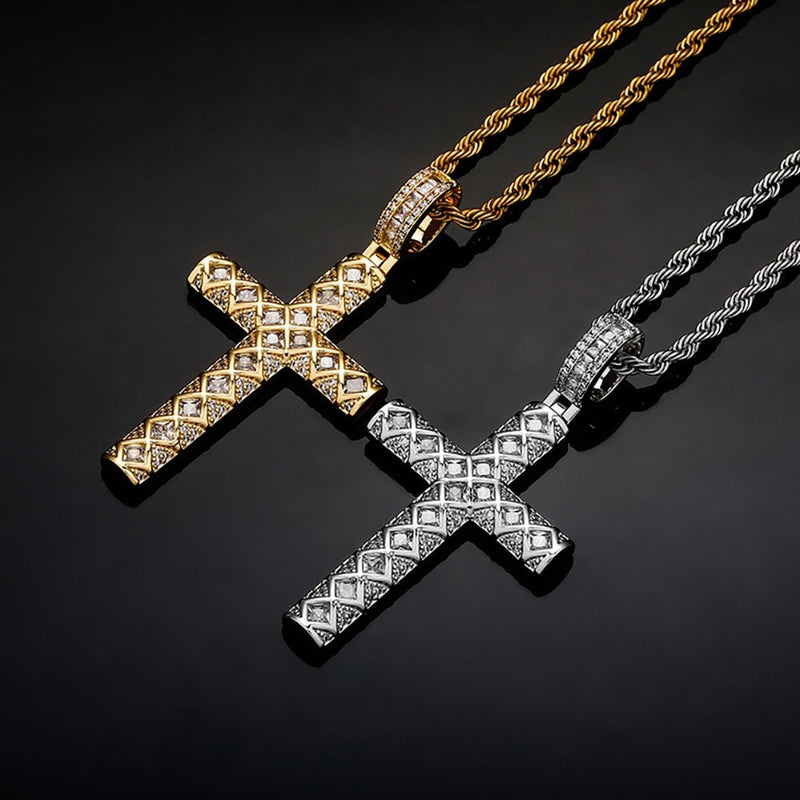 X Design Baguette Cross Pendant 14K - ICECI